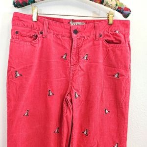 LL Bean Corduroy Pants Womens 14 Coral Pink Embroidered Duck Straight Leg Boho